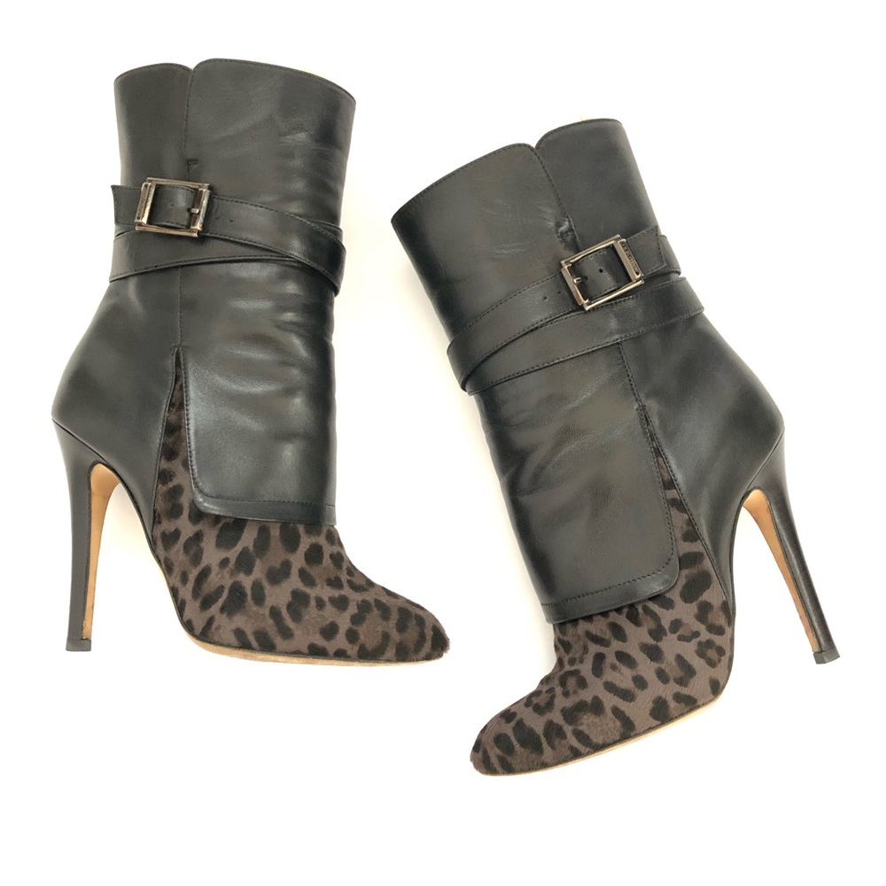 Jimmy Choo Black Leather & Leopard Print Ankle Boots - Picture 3 of 16